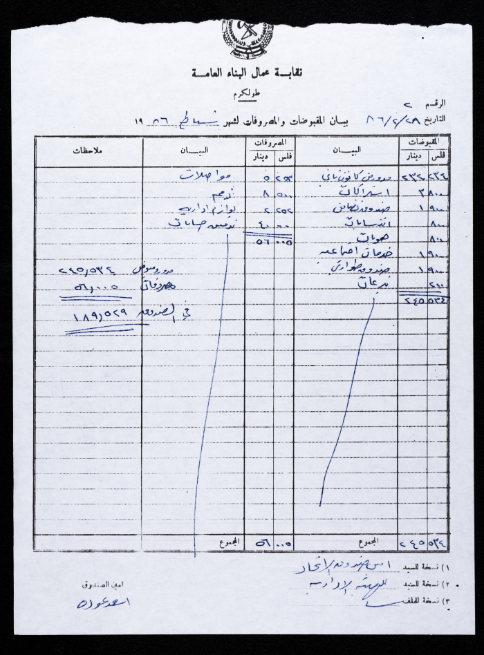 بيان المقبوضات والمصروفات لنقابة عمال البناء العامة، طولكرم، 1 كانون الثاني 1987