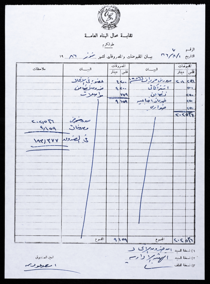 بيان المقبوضات والمصروفات لنقابة عمال البناء العامة، طولكرم، 1 كانون الثاني 1987