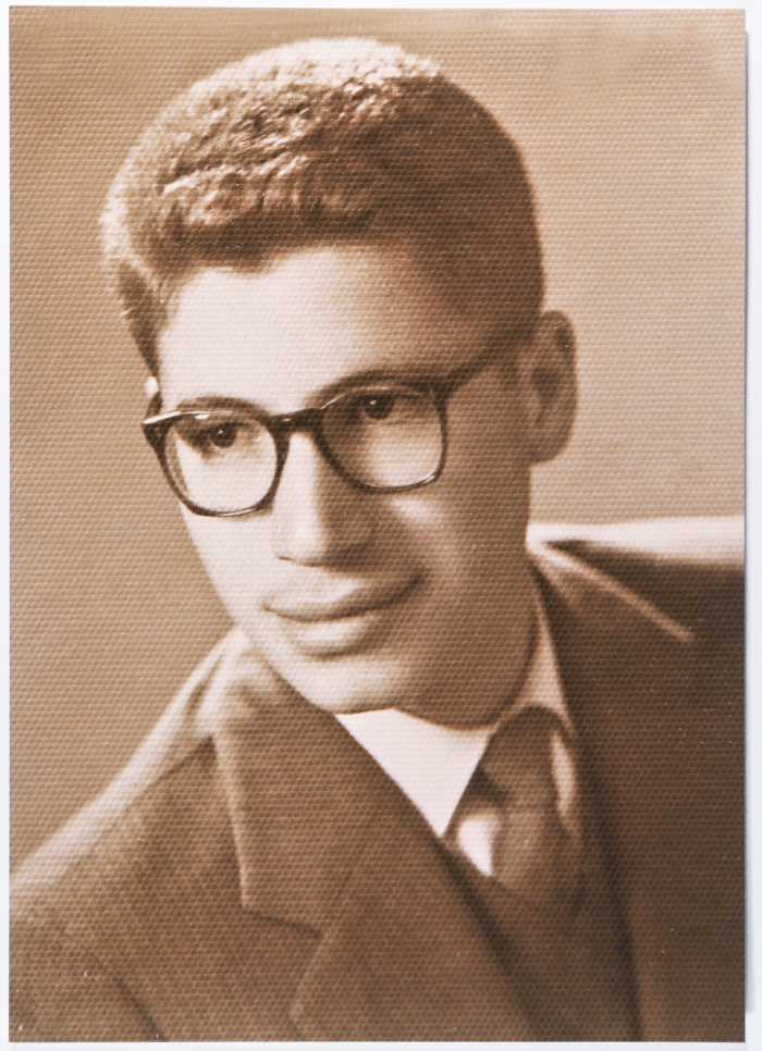 A portrait of the late Palestinian director Mustafa Abu Ali at a young age