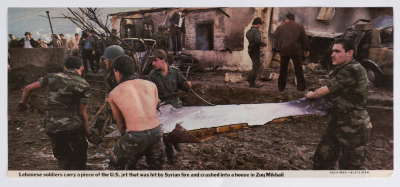 "Lebanese Soldiers Carry a Piece of the U.S. Jet That was Hit by Syrian Fire", a newspaper clipping, 1982- 1985