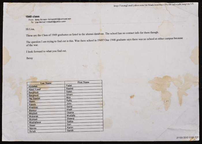 E-mail from Betsy Princeton to Librarian Lisa Ma'rouf about the names of graduates in 1949