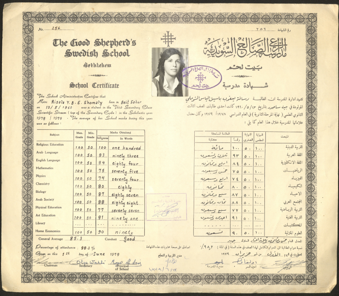 Risala Yaqoub al-Shomali's school report card
