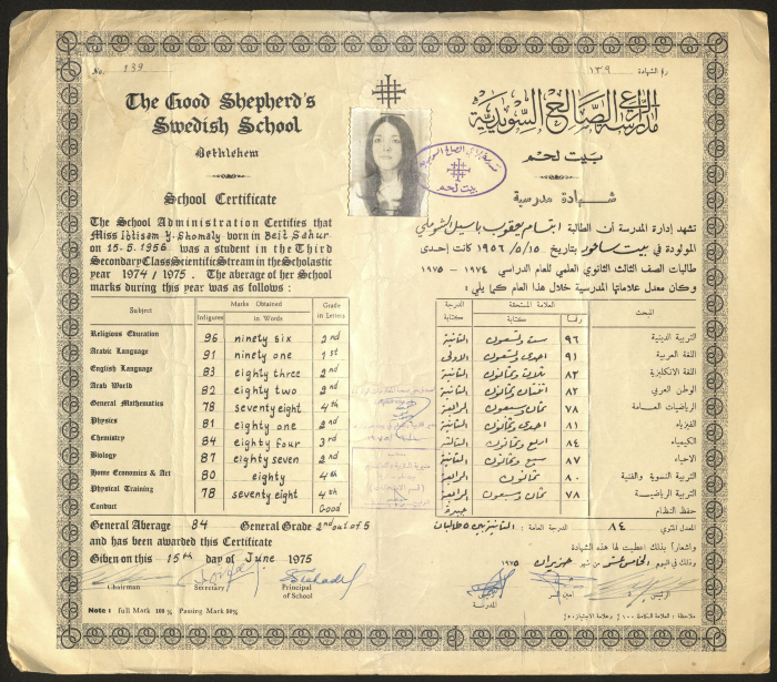 Ibtisam Yaqoub al-Shomali's school report card