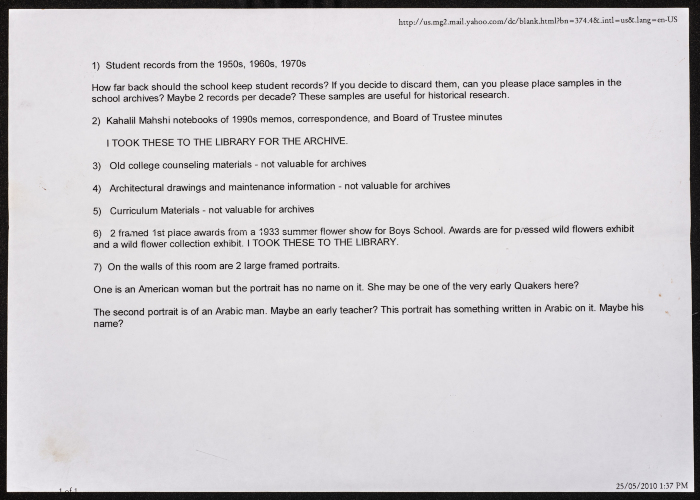 An e-mail showing some of the material in the school archives.
