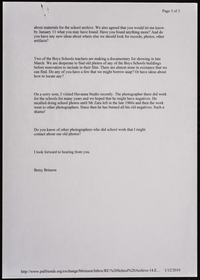 School correspondence with Betsy regarding the archive