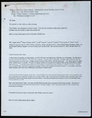 An e-mail explaining some information about the Ermina Jones family