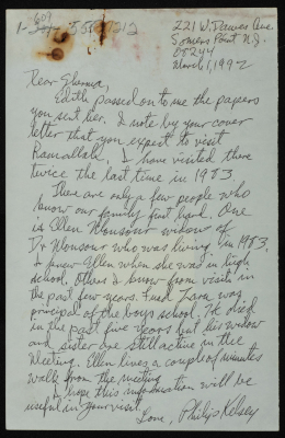 Letter from Phillyb Kelsey to Sherma Kelsey