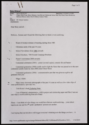 School correspondence with Betsy regarding the archive