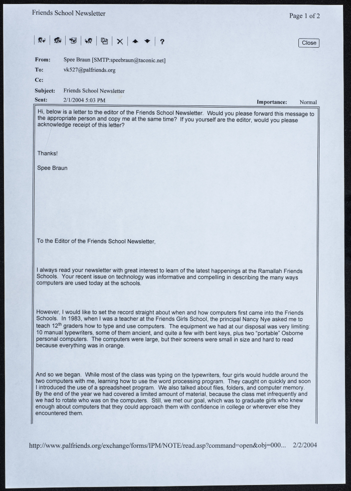 A group of correspondence with Fanoush Kassis on the Friends School newsletter for Spring 2004