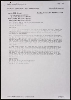 A copy of a letter by historian Geoff Corrigan regarding the best way to store CDs