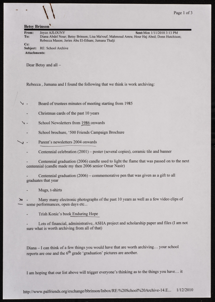 School correspondence with Betsy regarding the archive