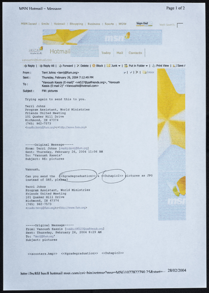 A group of correspondence with Fanoush Kassis on the Friends School newsletter for Spring 2004