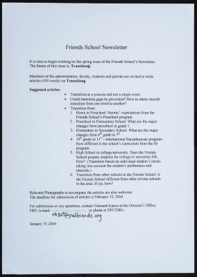 A group of correspondence with Fanoush Kassis on the Friends School newsletter for Spring 2004