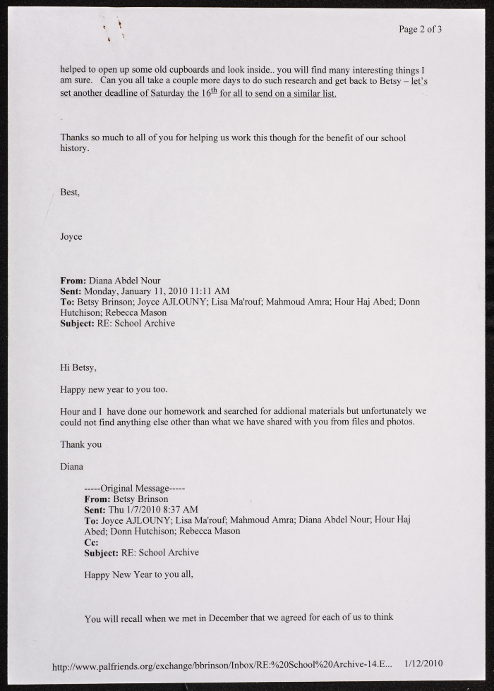 School correspondence with Betsy regarding the archive