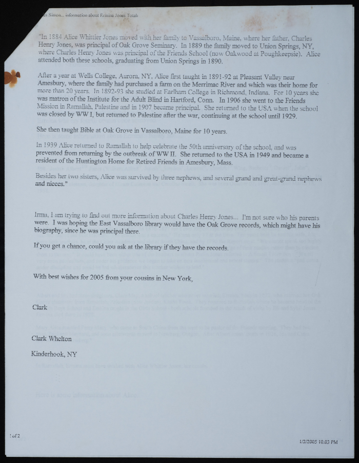 An e-mail explaining some information about the Ermina Jones family