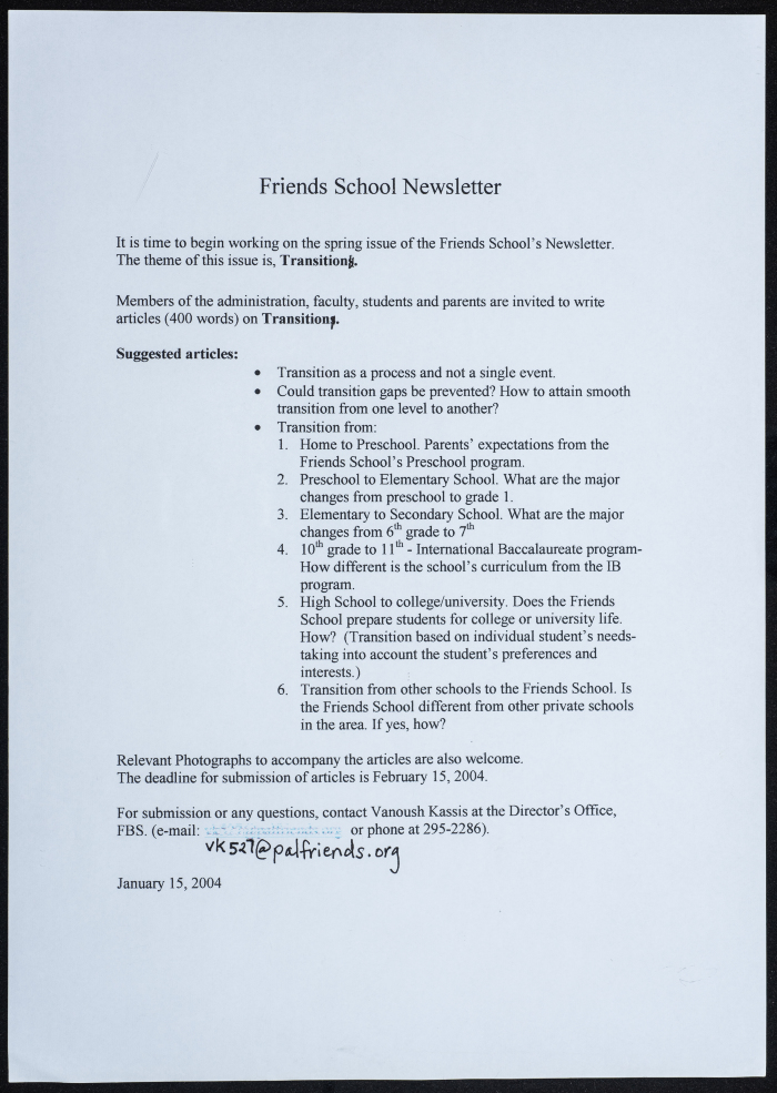 A group of correspondence with Fanoush Kassis on the Friends School newsletter for Spring 2004