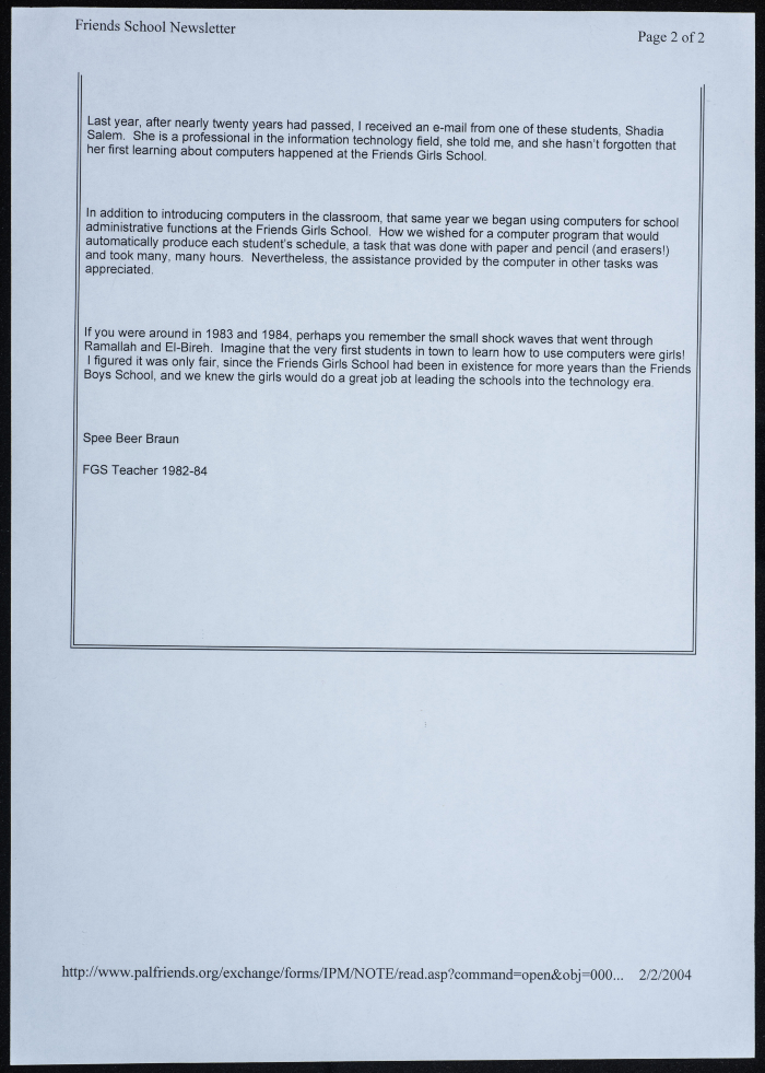 A group of correspondence with Fanoush Kassis on the Friends School newsletter for Spring 2004