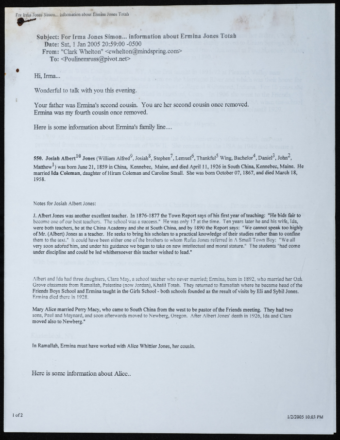 An e-mail explaining some information about the Ermina Jones family