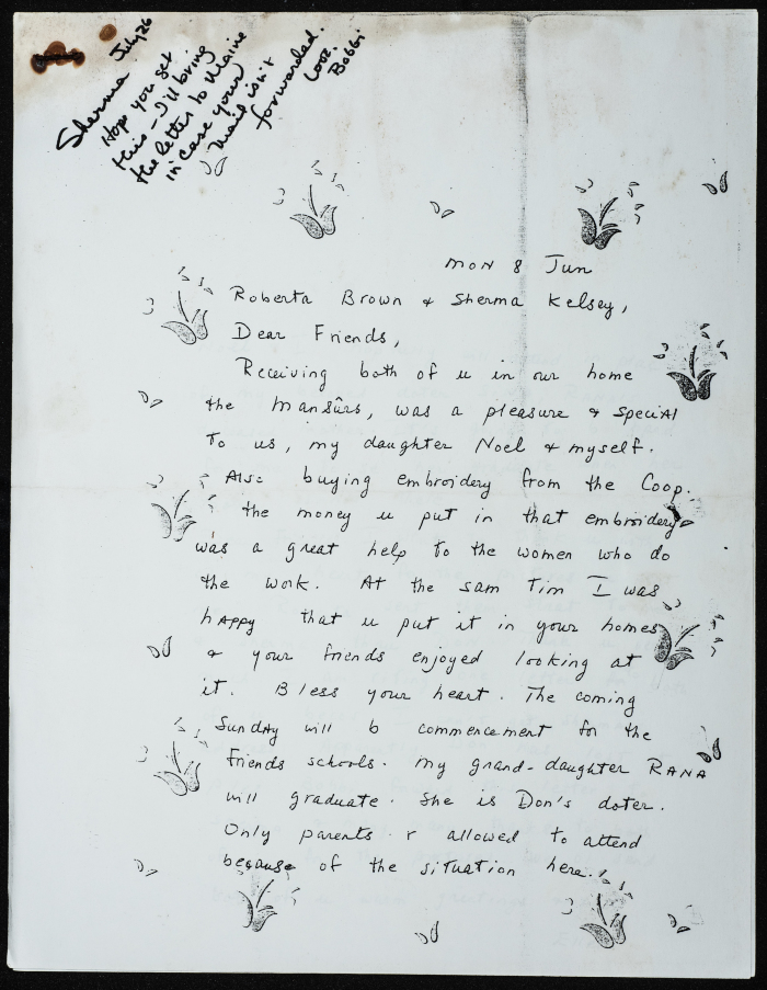 Letter from Elin Mansour to Sherma Kelsey and Roberta Brown