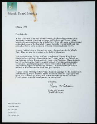 Letter from Reetha Mactzen to the Friends, stating that Jim Vines and Debbie Vines have been appointed Director and Assistant Director of the School.