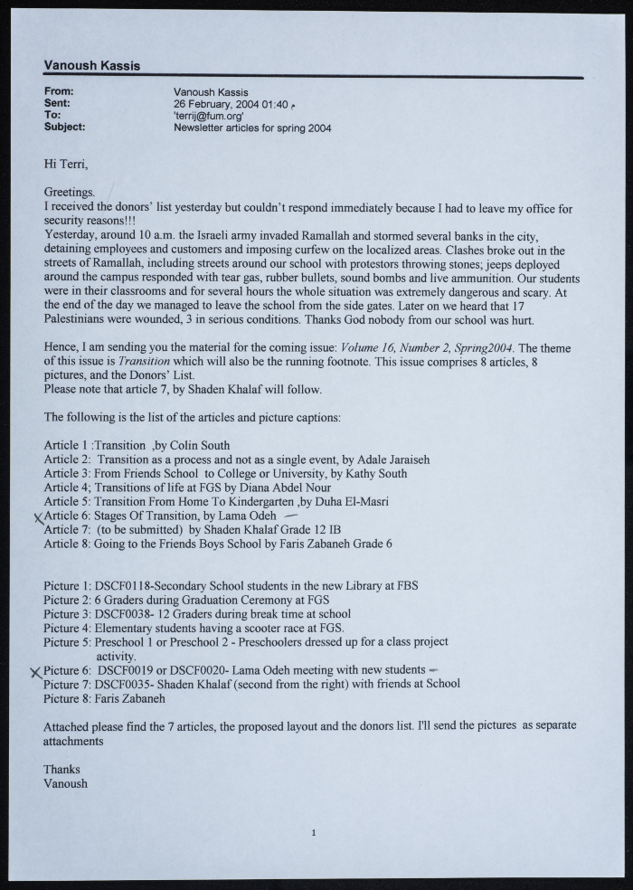 A group of correspondence with Fanoush Kassis on the Friends School newsletter for Spring 2004
