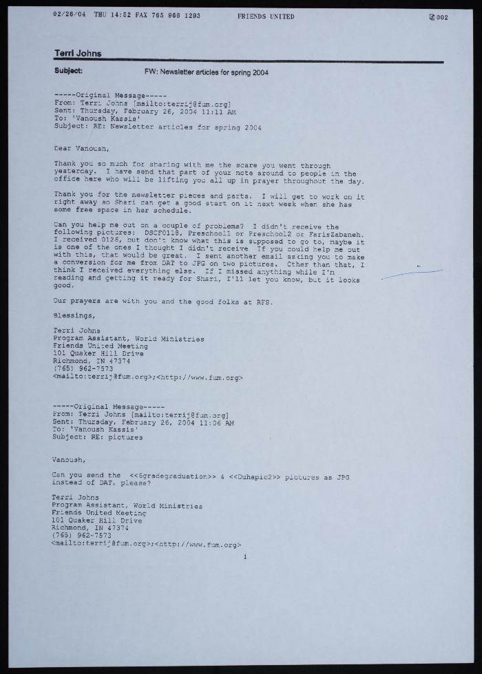 A group of correspondence with Fanoush Kassis on the Friends School newsletter for Spring 2004