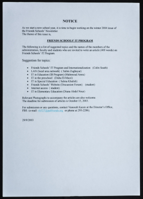 A document for the publication of the Friends School Bulletin for the winter session of 2004