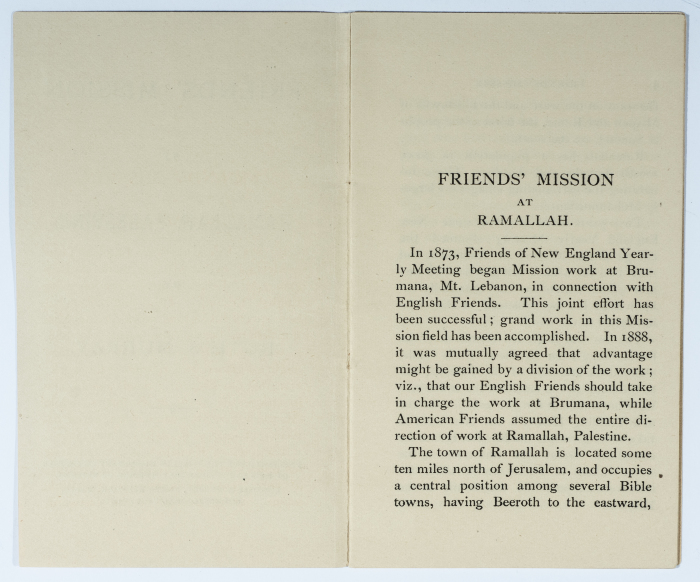 An article on the Friends' mission in Ramallah prior to the establishment of the school