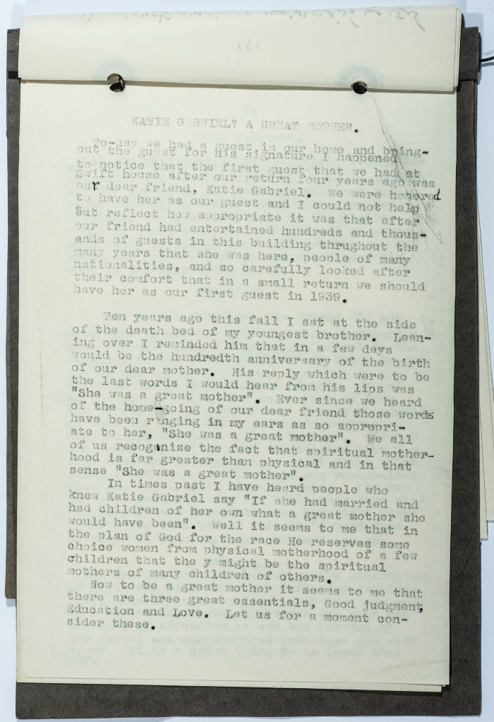A document containing words at a memorial service for Katie Gabriel