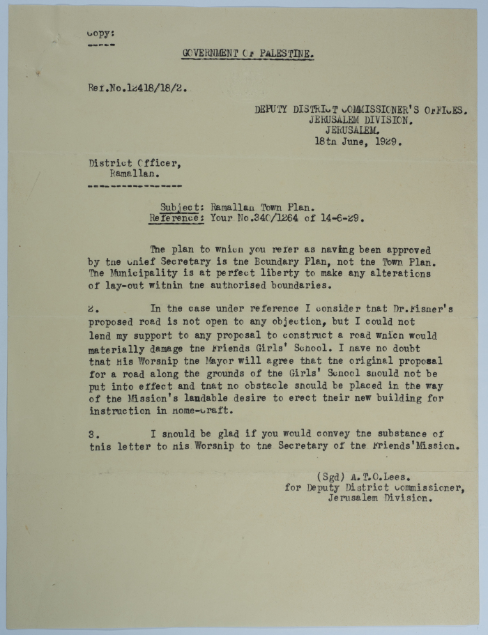 Response from the Ramallah District Office on a previous letter regarding the construction of a road