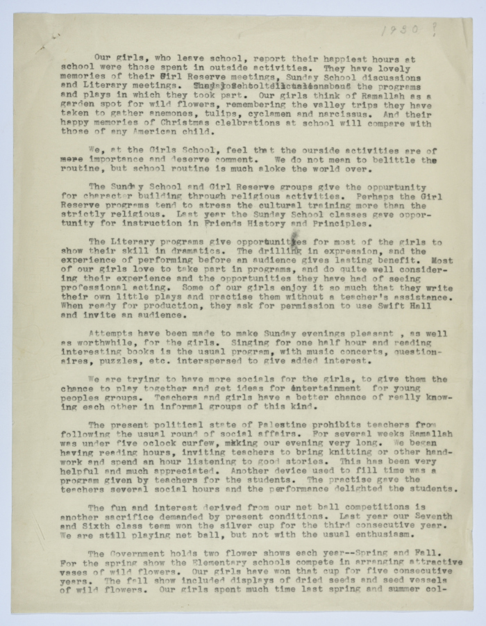 A report on the social life of the Girls in the Girls School