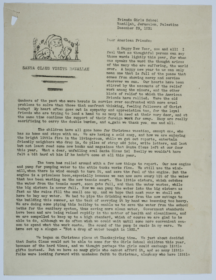 Letter from the Friends School for Girls to the American Friends about Christmas gifts in 1931