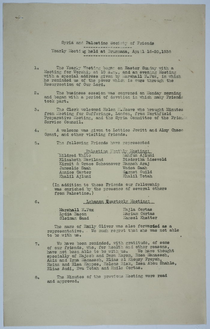 Minutes of the annual meeting of the Friends in Abu Rummaneh in 1938