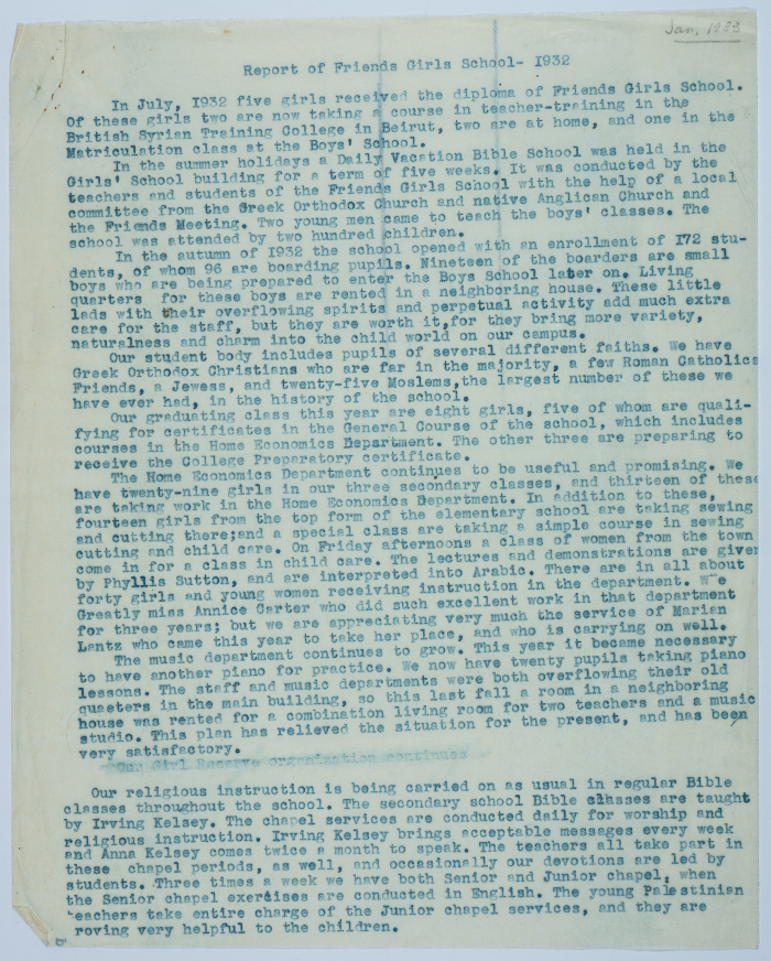 Report on the achievements of the Friends School for Girls during 1932