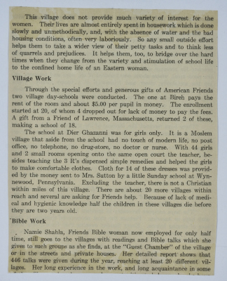 Part of a report on the work of the Friends in a Palestinian village
