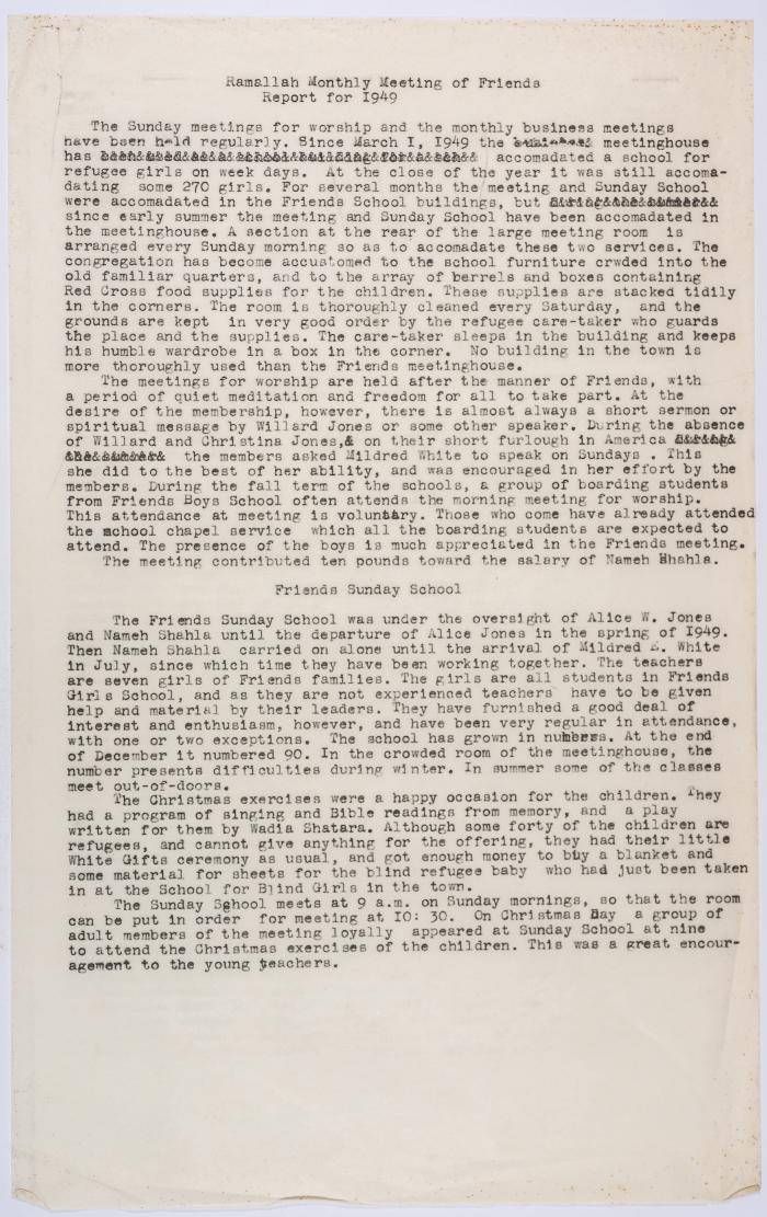 تقرير الإجتماع الشهري للفرندز في رام الله عام 1949