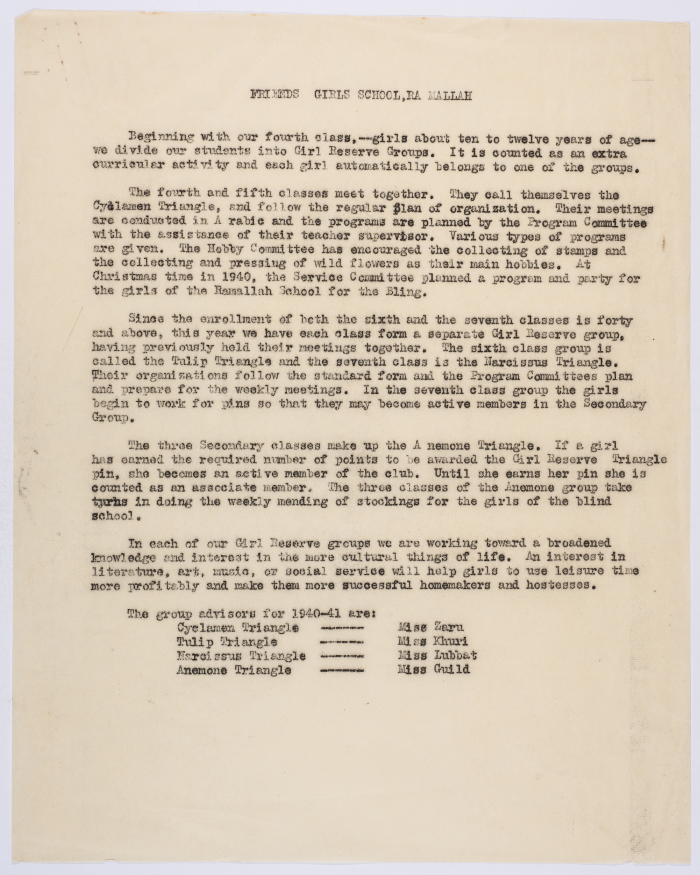 A document on the divisions of the students of the Friends School within groups to carry out the various activities