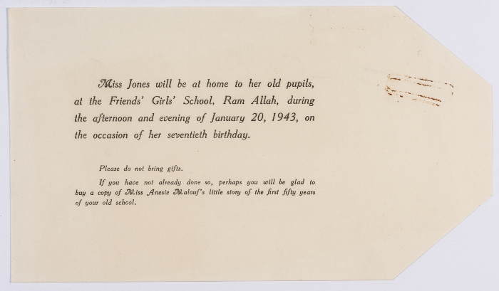 Announcement of the presence of Miss Jones at the Friends School for Girls to meet with her old students
