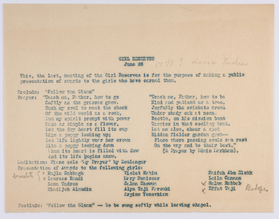 The Program of a Formal Religious Event For Girls, 1941 