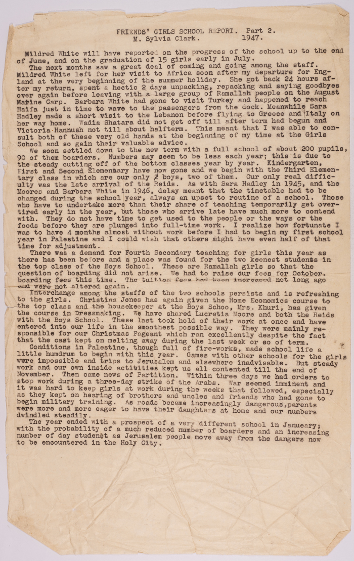Report of the Friends School for Girls in 1947