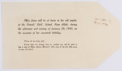 Announcement of the presence of Miss Jones at the Friends School for Girls to meet with her old students