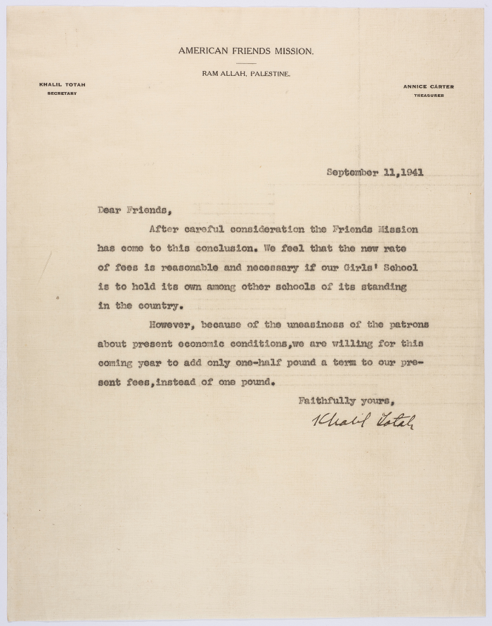 A letter from Khalil Totah proposes to increase half a pound on school fees instead of one pwand