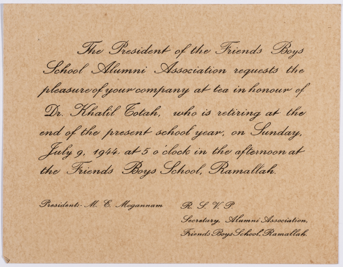 Invitation to attend a party in honor of Khalil Totah's visit to the Friends School