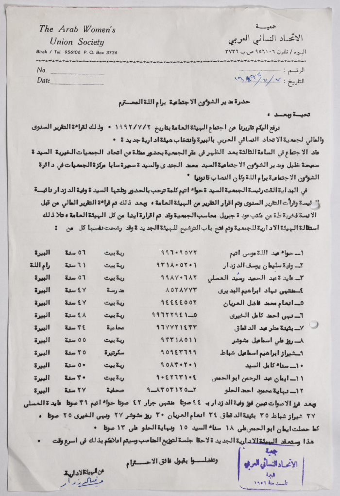 رسالة من جمعية الاتحاد النسائي العربي - البيرة إلى مدير الشؤون الاجتماعية 