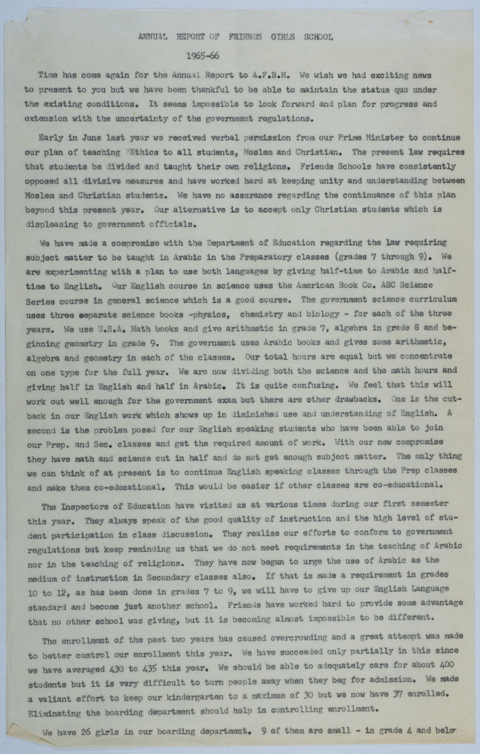 Annual Report of Friends School for Girls, 1965