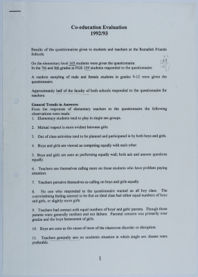 A report on the results of the form distributed to teachers and students at the Friends schools in 1992/93
