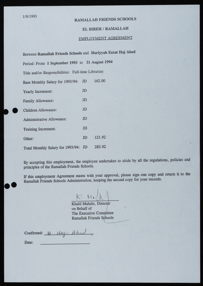 Work contract with the Friends School in Ramallah and Al Bireh