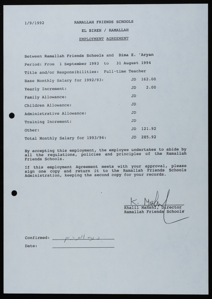 Work contract with the Friends School in Ramallah and Al Bireh
