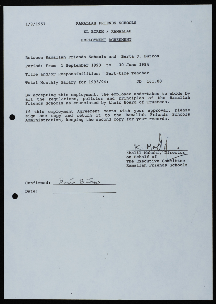 Work contract with the Friends School in Ramallah and Al Bireh