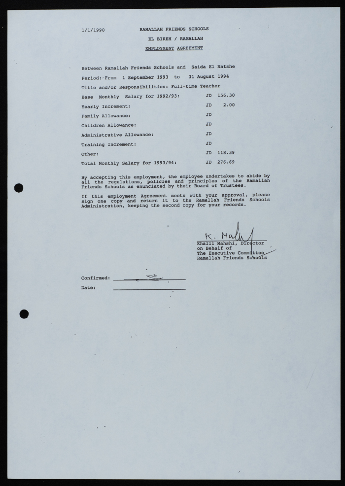 Work contract with the Friends School in Ramallah and Al Bireh